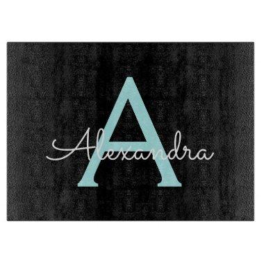 Aqua Teal Blue Script Girly Monogram Name Cutting Board