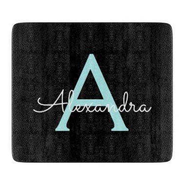 Aqua Teal Blue Script Girly Monogram Name Cutting Board