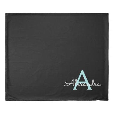 Aqua Teal Blue Script Girly Monogram Name Duvet Cover