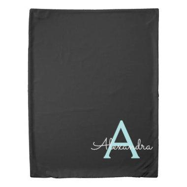 Aqua Teal Blue Script Girly Monogram Name Duvet Cover