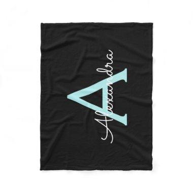 Aqua Teal Blue Script Girly Monogram Name Fleece Blanket