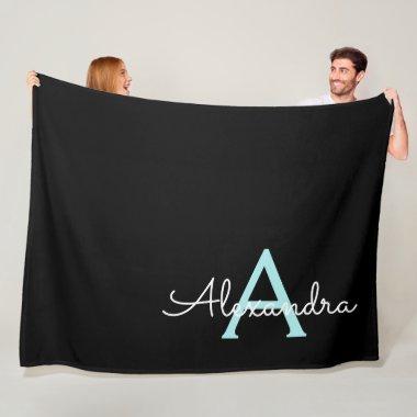 Aqua Teal Blue Script Girly Monogram Name Fleece Blanket