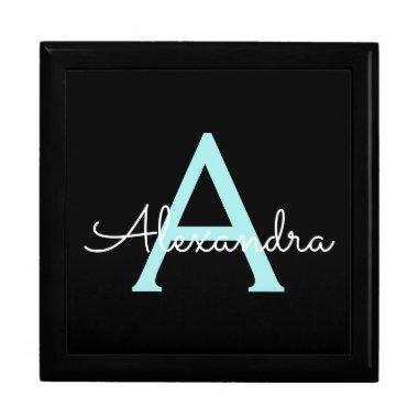 Aqua Teal Blue Script Girly Monogram Name Gift Box