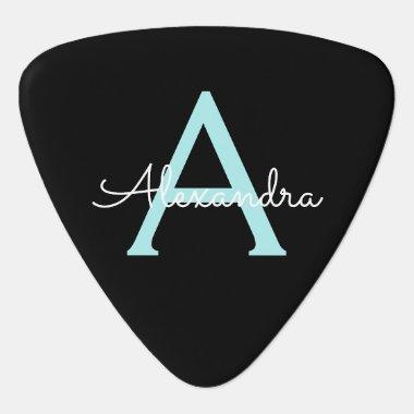 Aqua Teal Blue Script Girly Monogram Name Guitar Pick