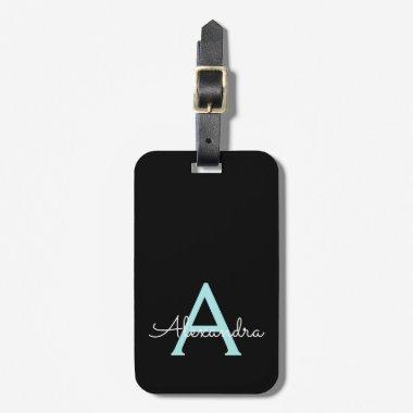 Aqua Teal Blue Script Girly Monogram Name Luggage Tag