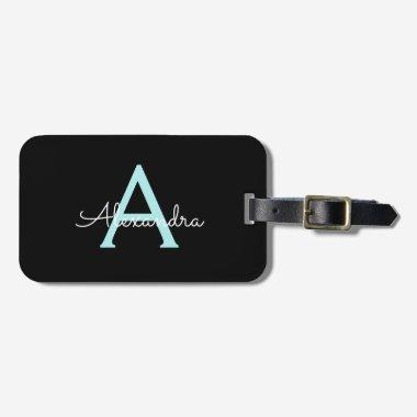 Aqua Teal Blue Script Girly Monogram Name Luggage Tag