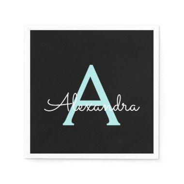 Aqua Teal Blue Script Girly Monogram Name Napkins