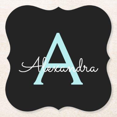 Aqua Teal Blue Script Girly Monogram Name Paper Coaster