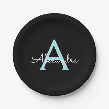 Aqua Teal Blue Script Girly Monogram Name Paper Plates