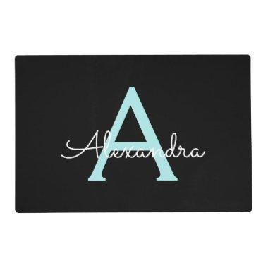 Aqua Teal Blue Script Girly Monogram Name Placemat