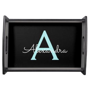Aqua Teal Blue Script Girly Monogram Name Serving Tray