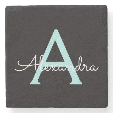 Aqua Teal Blue Script Girly Monogram Name Stone Coaster