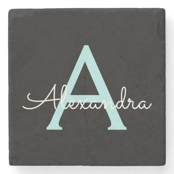 Aqua Teal Blue Script Girly Monogram Name Stone Coaster