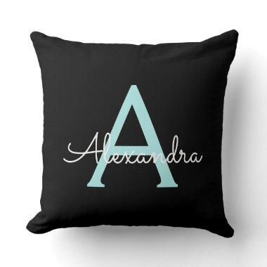 Aqua Teal Blue Script Girly Monogram Name Throw Pillow