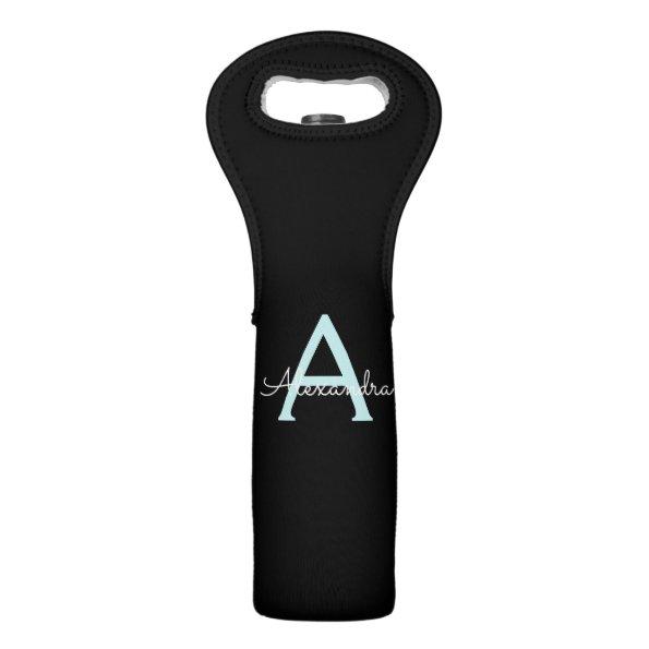 Aqua Teal Blue Script Girly Monogram Name Wine Bag