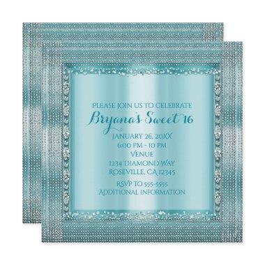 Aqua Teal Blue & Silver Diamond Bling Invitations