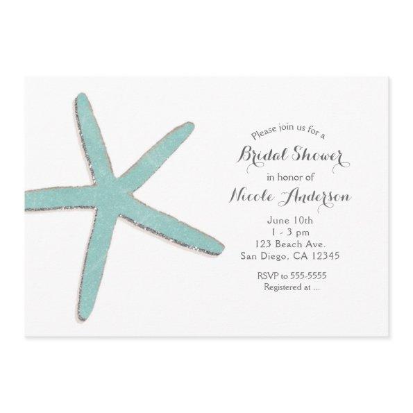 Aqua Teal Blue Starfish White Beach Bridal Shower Invitations