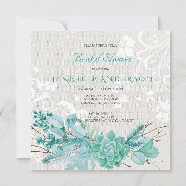 Aqua Teal Blue Watercolor Succulent Bridal Shower Invitations
