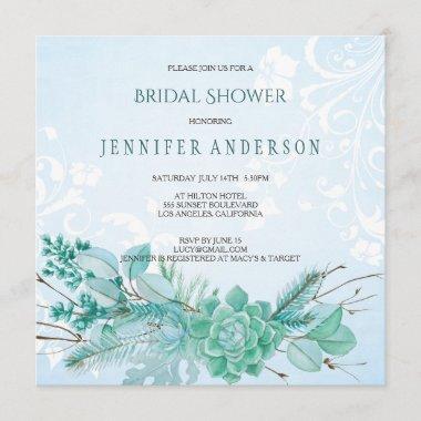 Aqua Teal Blue Watercolor Succulent Bridal Shower Invitations