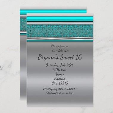 Aqua Turquoise Blue & Silver Sweet 16 Invitations