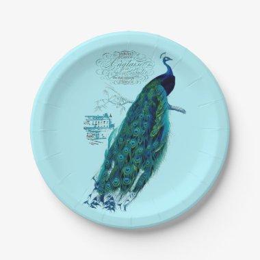 Aqua Vintage Sophisticated Peacock Paper Plates