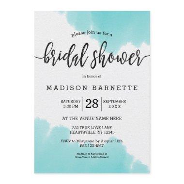 Aqua Watercolor Brush Bridal Shower Invitations