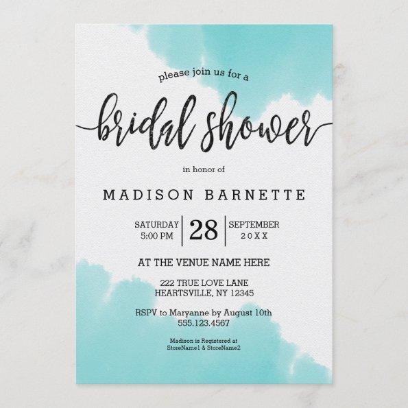 Aqua Watercolor Brush Bridal Shower Invitations
