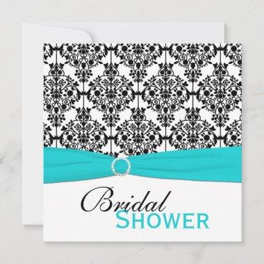 Aqua, White, and Black Damask Bridal Shower Invite