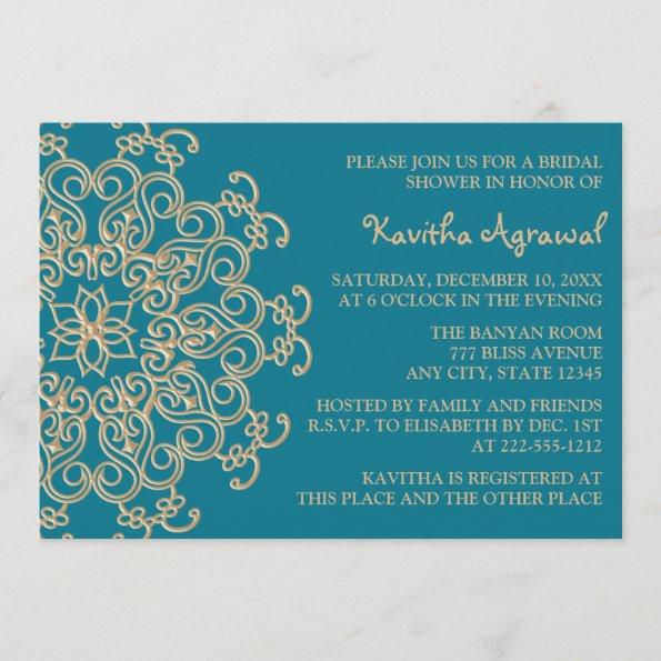 AQUAMARINE BLUE and Gold Indian Bridal Shower Invitations