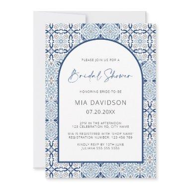 Arch Amalfi Tile Blue & Gray Bridal Shower Invitations