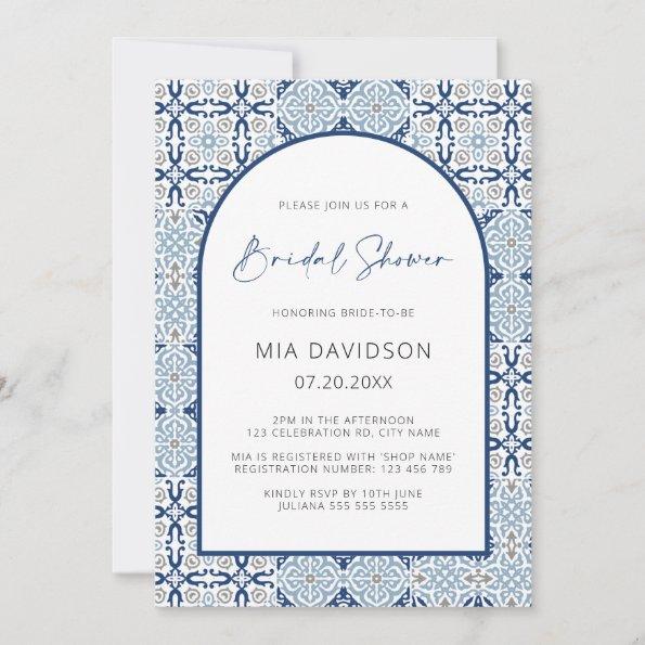 Arch Amalfi Tile Blue & Gray Bridal Shower Invitations