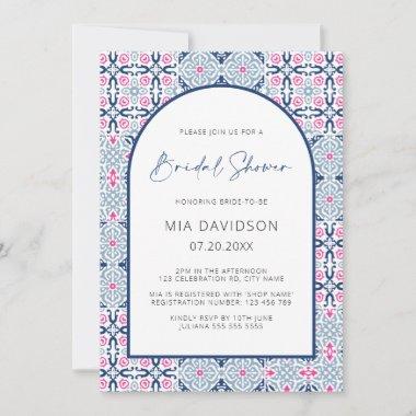 Arch Amalfi Tile Blue & Hot Pink Bridal Shower Invitations