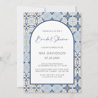 Arch Amalfi Tile Mediterranean Blue Bridal Shower Invitations