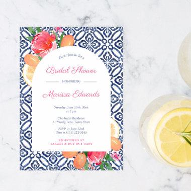 Arch Bold Citrus Floral Blue Tile Wedding Shower Invitations