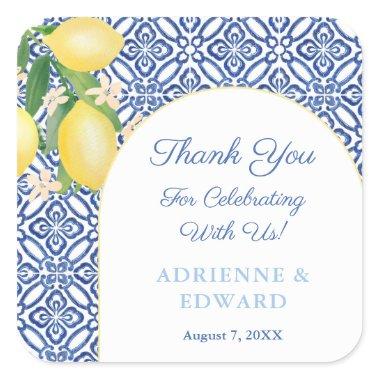 Arch Frame Capri Lemons Blue Tiles Wedding Favor Square Sticker