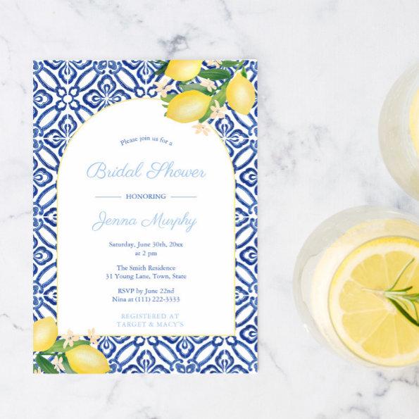 Arch Frame Italian Lemons Blue Tiles Bridal Shower Invitations