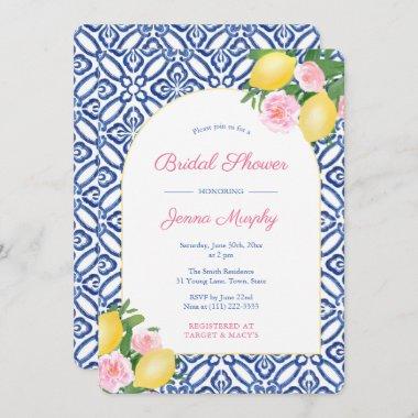 Arch Positano Lemons Blue Tiles Wedding Shower Invitations