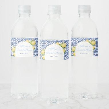 Arch Shape Amalfi Lemons Blue Tiles Bridal Shower Water Bottle Label
