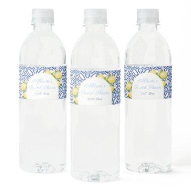 Arch Shape Amalfi Lemons Blue Tiles  Water Bottle Label