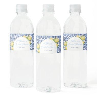 Arch Shape Amalfi Lemons Blue Tiles Bridal Shower Water Bottle Label