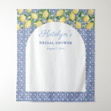Arch Shape Lemons Blue Tiles Bridal Shower Welcome Tapestry