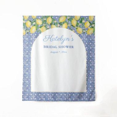 Arch Shape Lemons Blue Tiles Bridal Shower Welcome Tapestry