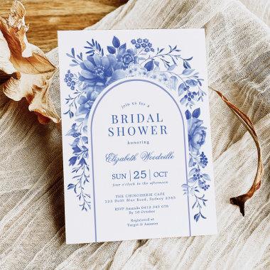Arched Blue White Floral Chinoiserie Bridal Shower Invitations