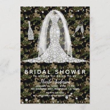 Army Camo Diamond Wedding Dress Bridal Shower Invitations