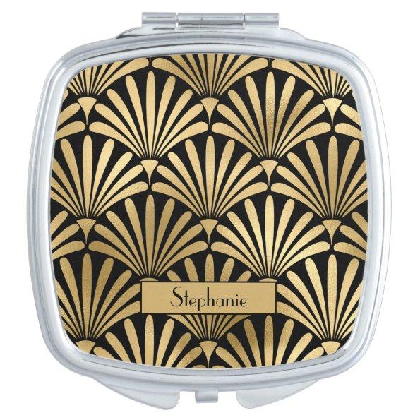 Art Deco 1920s Personalized Black | Gold Pattern Compact Mirror
