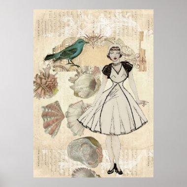 Art deco bird scripts seashells great gatsby girl poster