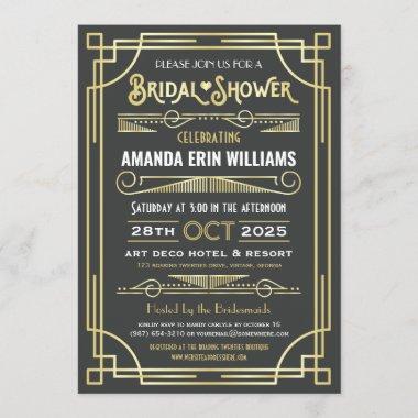Art Deco Bridal Shower Elegant Gold Gray Retro Invitations