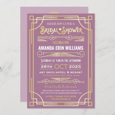 Art Deco Bridal Shower Elegant Gold Lilac Retro Invitations
