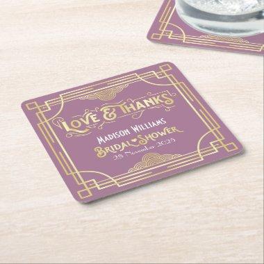 Art Deco Bridal Shower Elegant Gold Lilac Retro Square Paper Coaster