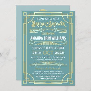Art Deco Bridal Shower Elegant Gold Turquoise Invitations